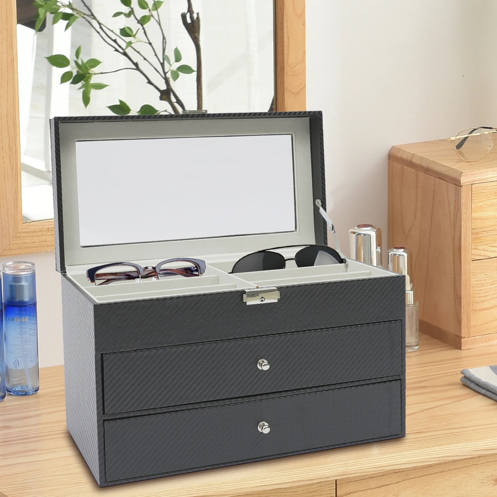 Display Case 18-Slot Eyeglass Storage Box with Drawer (Black)