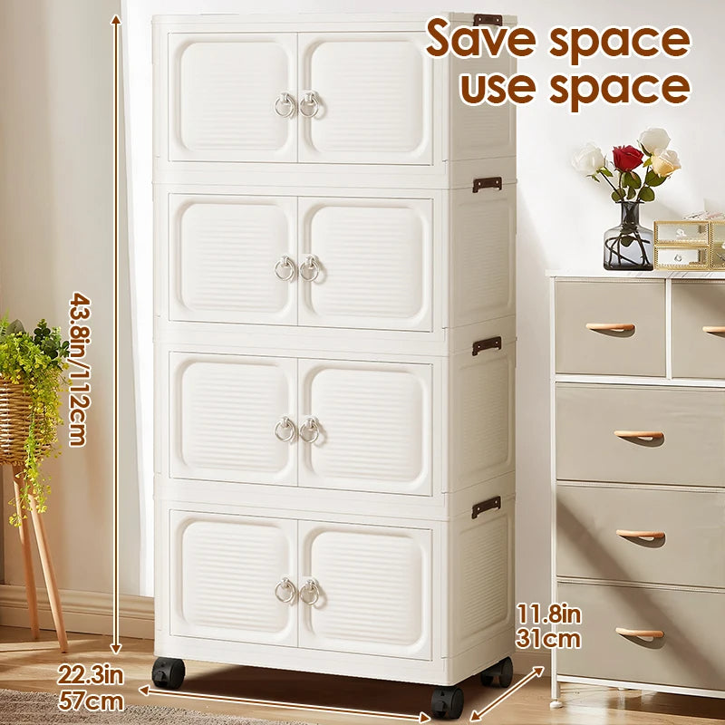 Stackable Closet Organizer 2-Tier with Wheels Large Capacity Storage Box (White)