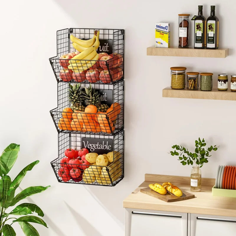 3 Tier Metal Wire Wall Mount Basket Rustic Kitchen Fruit Bin &amp; Bathroom Storage Rack