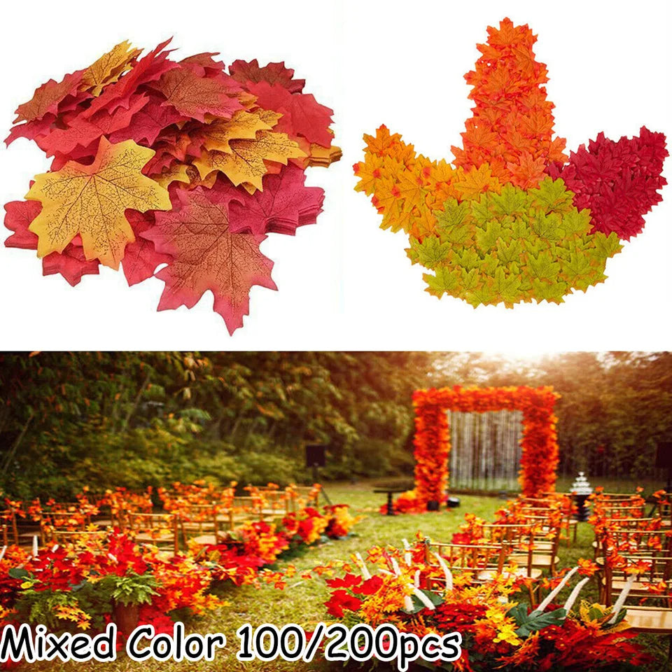 200PCS Artificial Silk Maple Leaf Garland Halloween & Thanksgiving Decor