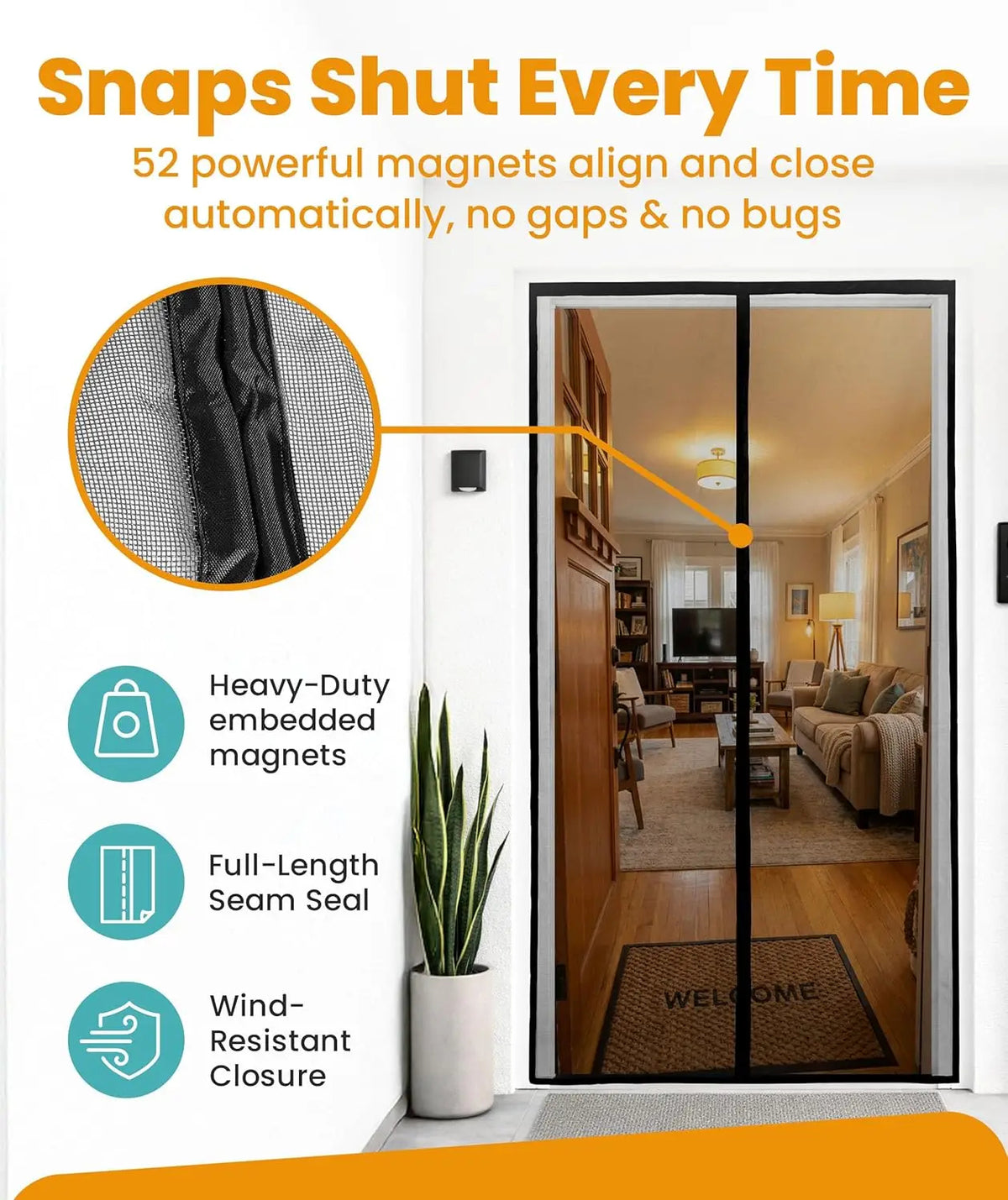 Magnetic Screen Door, Heavy-Duty Mesh Door Screen with 52 Magnets, Self-Closing Magnetic Screen Door for Sliding, Patio &amp; Entry Doors, Pet &amp; Kid Friendly