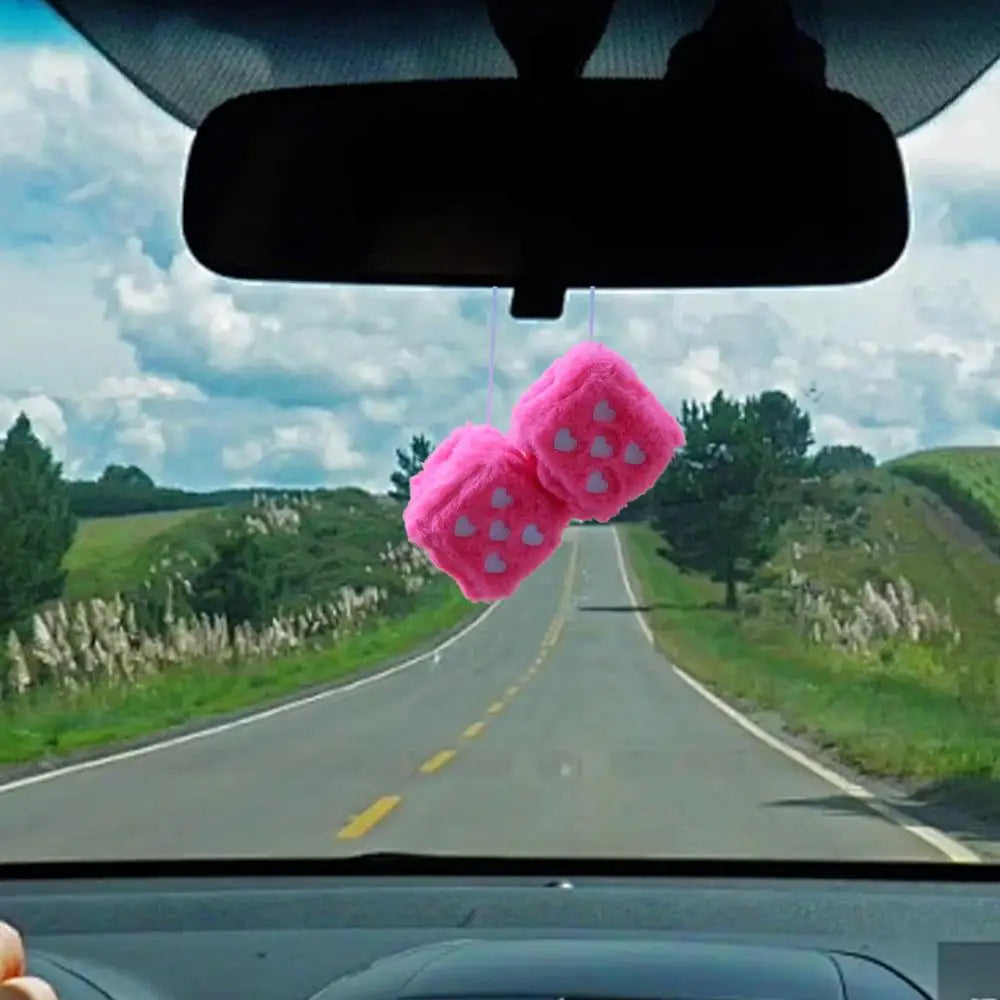 Soft Plush Dice Car Mirror Dangler with Lucky Heart Design Car Acessories (White)