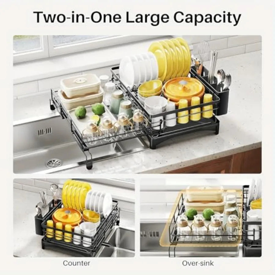 Space-Saving 2-in-1 Dish Drying Rack (Black Metal)