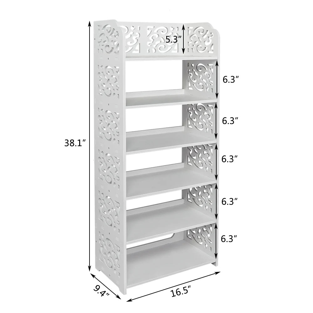 Shoe Storage Rack 6-Tiers Carved Wood-Plastic (White)