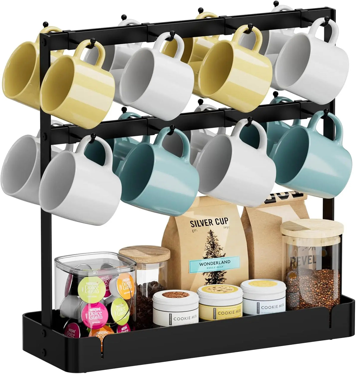 Mug Tree Holder Rack with Coffee Pod Storage &amp; Movable Hooks