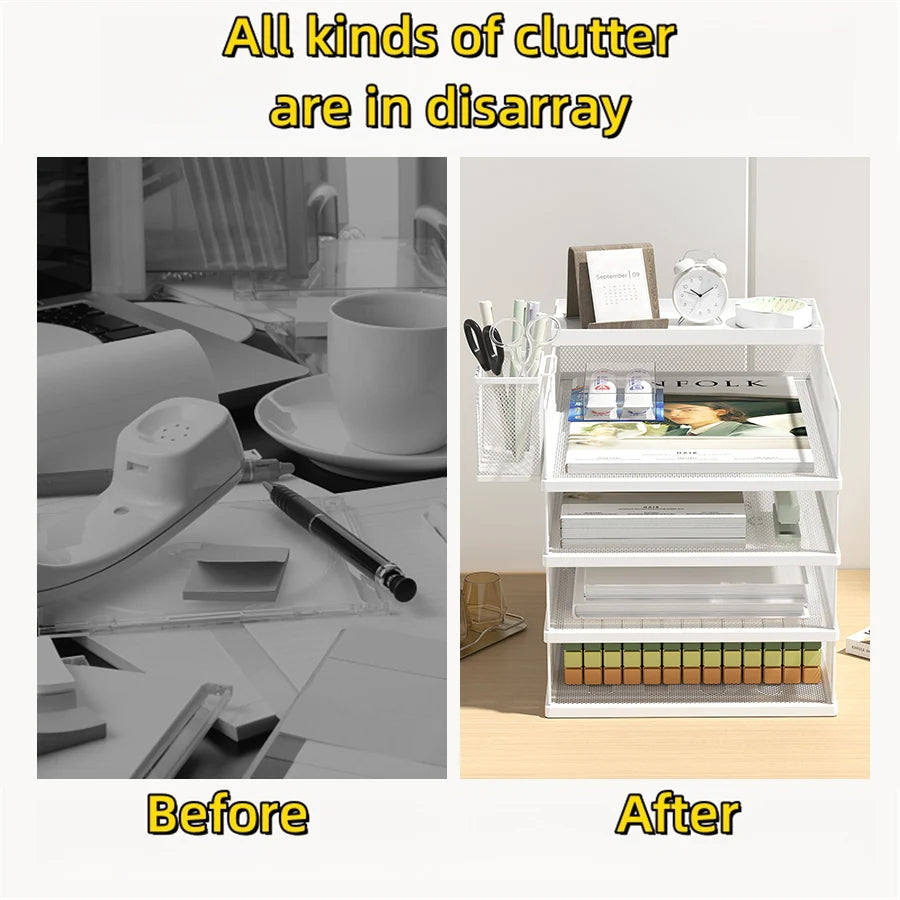 Metal Mesh Document Organizer 3-Tier A4 Filing Tray Rack for Office Desk Storage (White)