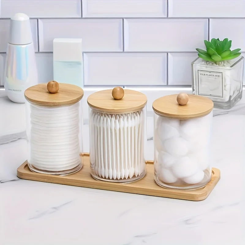 Bathroom Organizer Three 10oz Clear Cotton Swab/Q-Tip Jars and Tray