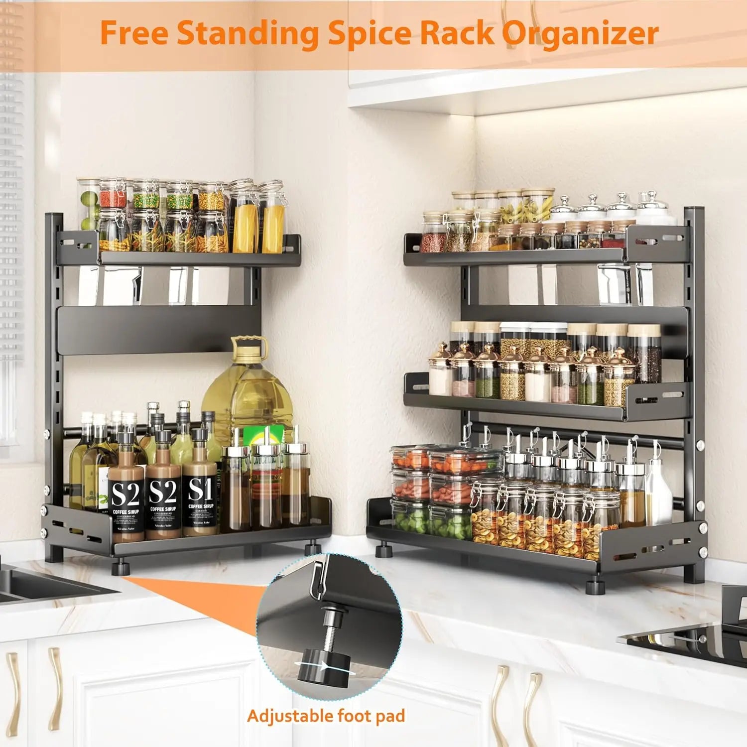 3-Tier Height-Adjustable Vertical Spice Rack: Rustproof Metal Kitchen Storage Rack