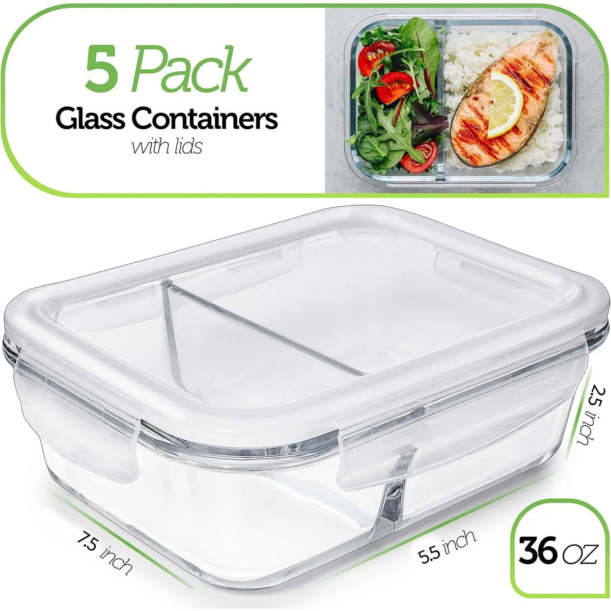 Durable Glass Food Storage Containers 5-Pack 36 Oz