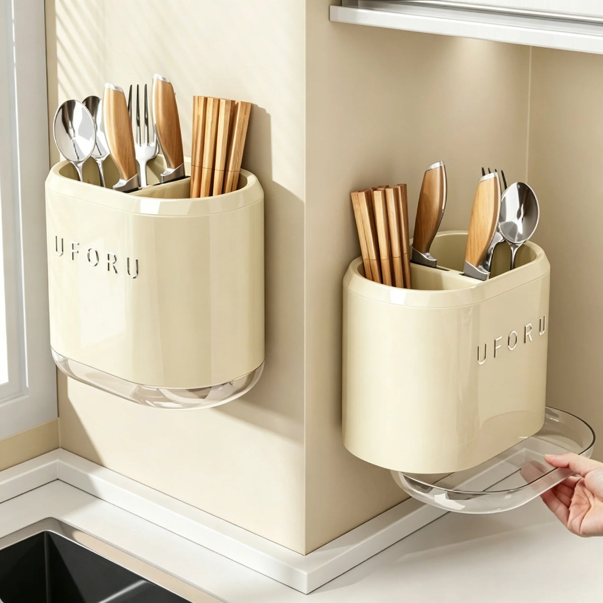 No-Drill Wall-Mounted Utensil Holder, Kitchen Cutlery Organizer for Spoons, Forks &amp; Chopsticks, Removable Drain Tray, Dual-Use Countertop &amp; Wall Hanging Drying Rack