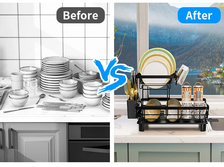 2-Tier Stainless Steel Dish Drying Rack (Black)