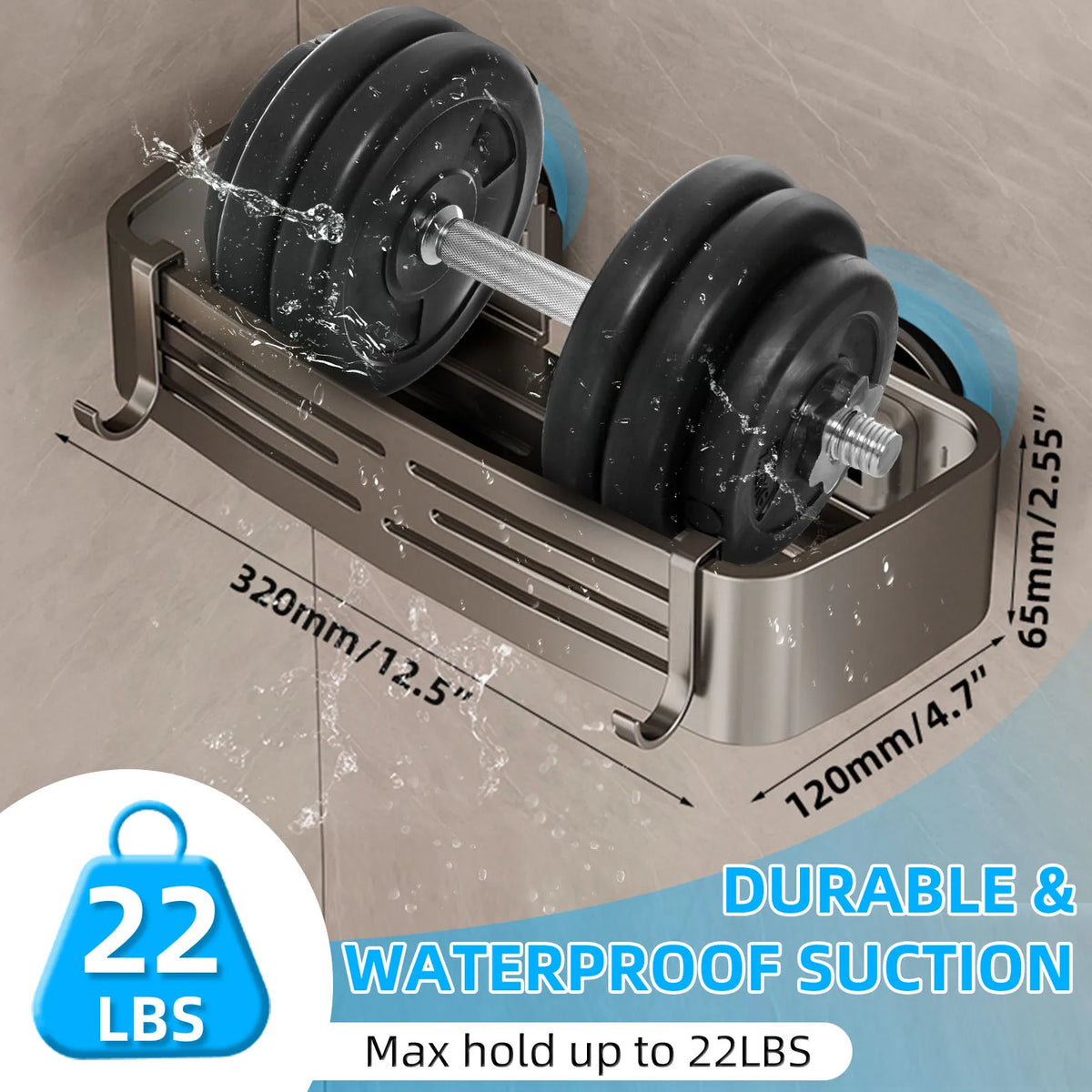 Suction Cup Bathroom Shelf Organizer Cargo Storage Caddy with 4 Hooks and Integrated Towel Bar (Gray)