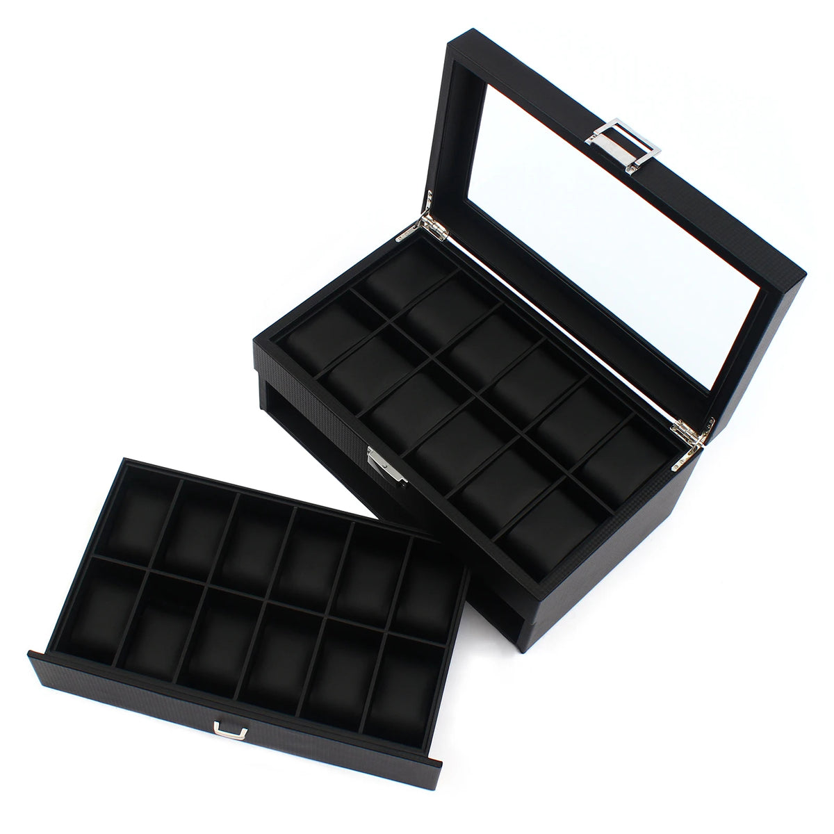 24-Slot Carbon Fiber Watch Box 2-Tier  (Black)