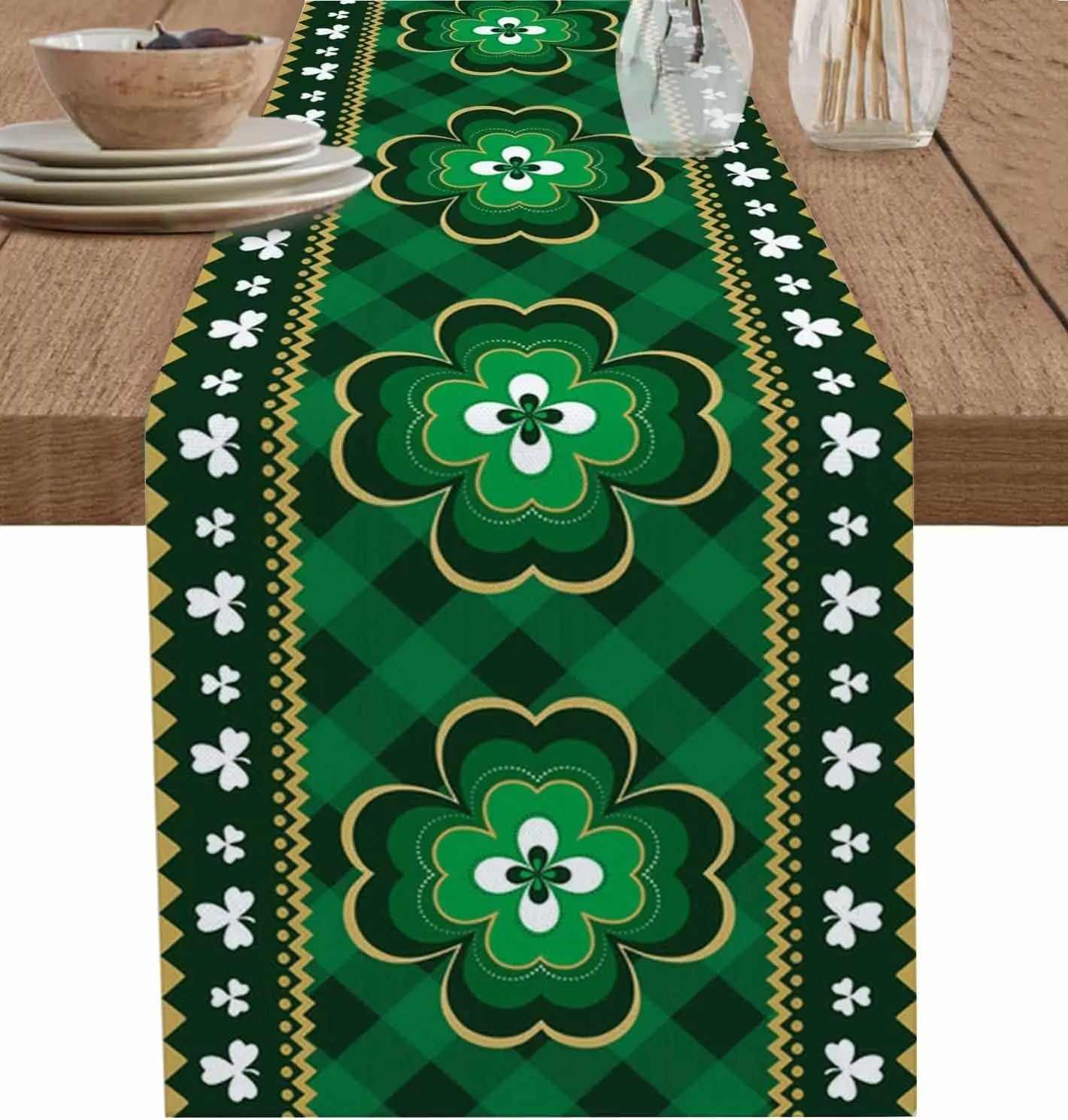 St Patricks Day Lucky Clover Linen Table Runner