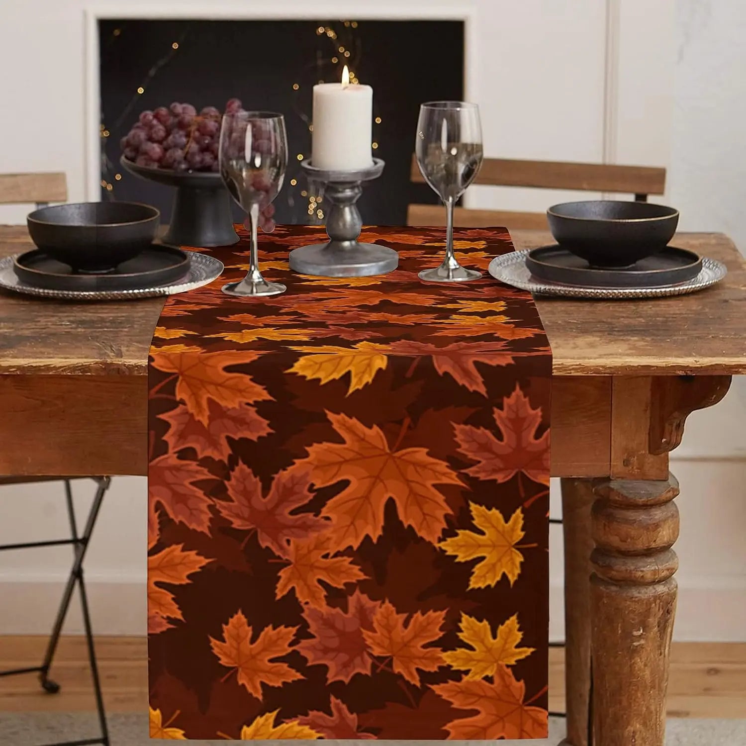 Maple Leaf Rustic Linen Table Runner Thanksgiving Table Decor