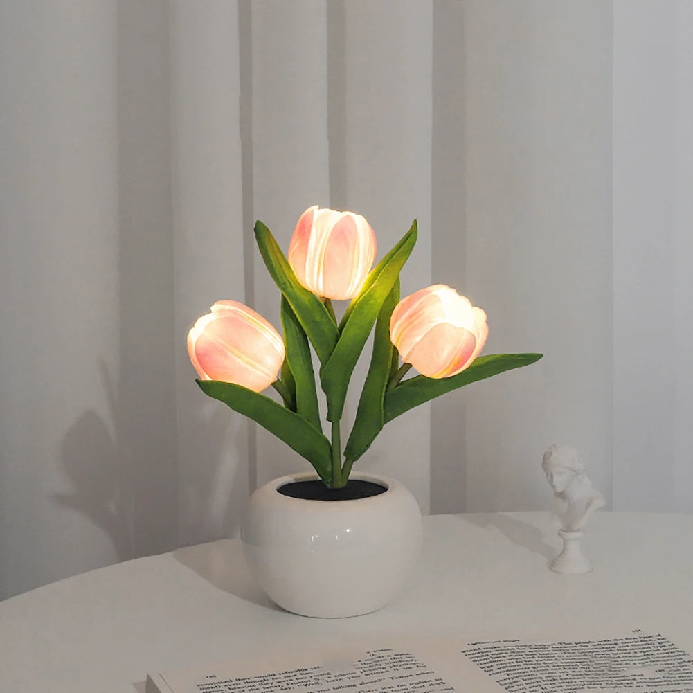 LED Tulip Night Light Realistic Artificial Flower Table Lamp for Home Decor (White)