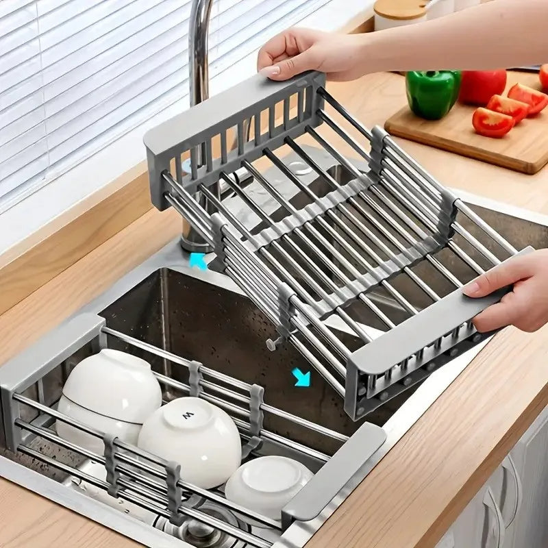 Portable Over-The-Sink Dish Drainer Stainless Steel Basket