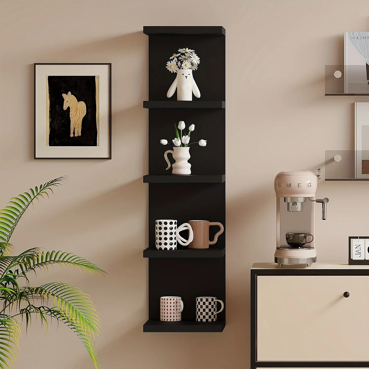 5-Tier Wall Mounted Storage Rack, 31.5-Inch Tall Floating Wall Shelf, Space-Saving Decorative Display Organizer for Bedroom, Living Room &amp; Home (White)