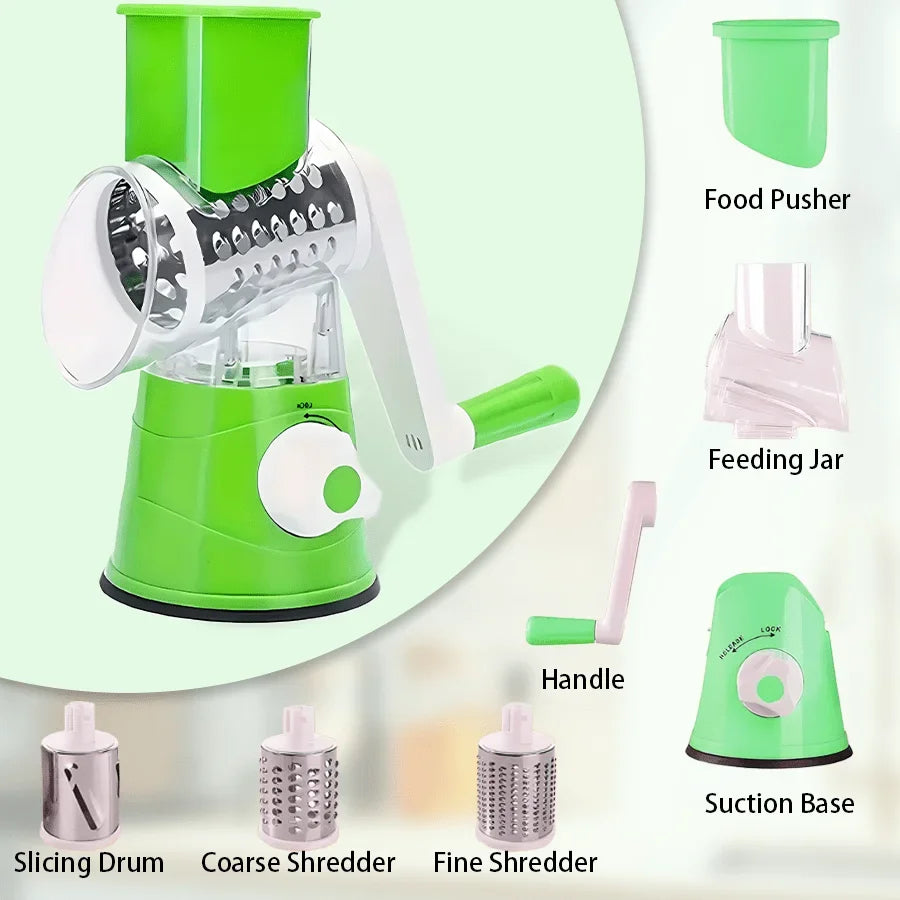 Multifunctional Manual Rotary Grater 3-in-1 Rotary Cheese Grater & Vegetable Slicer (Green)