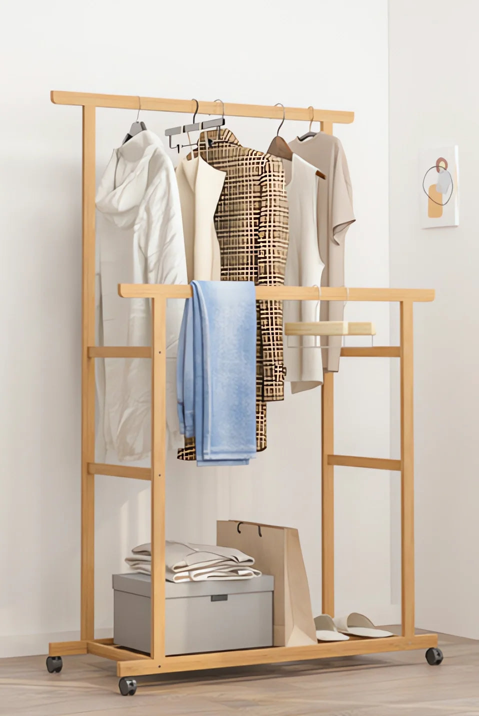Bamboo Double Clothes Rack with Wheels and Shelves