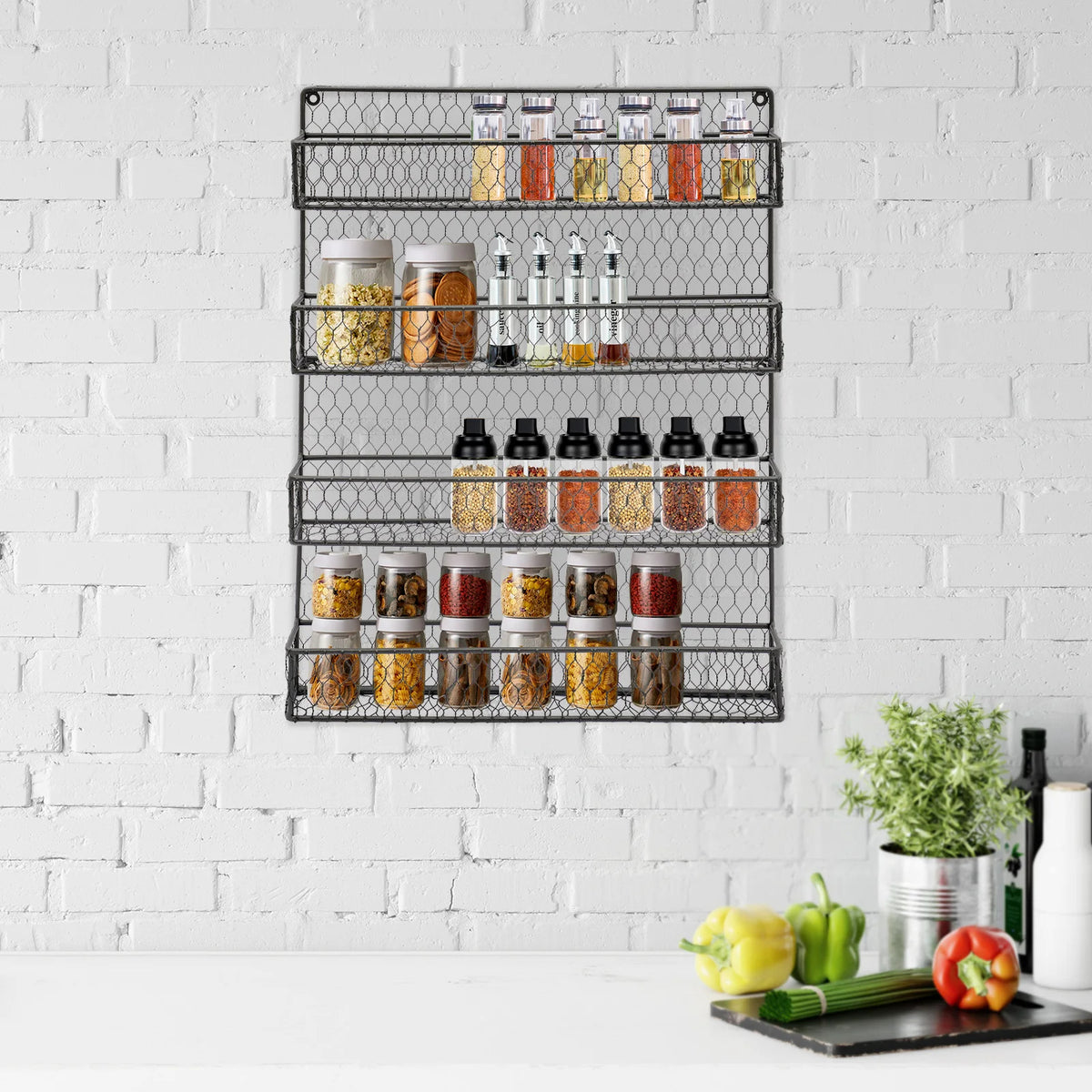 4-Tier Iron Wall Mounted Storage Shelf for Spice Jars and Bottles
