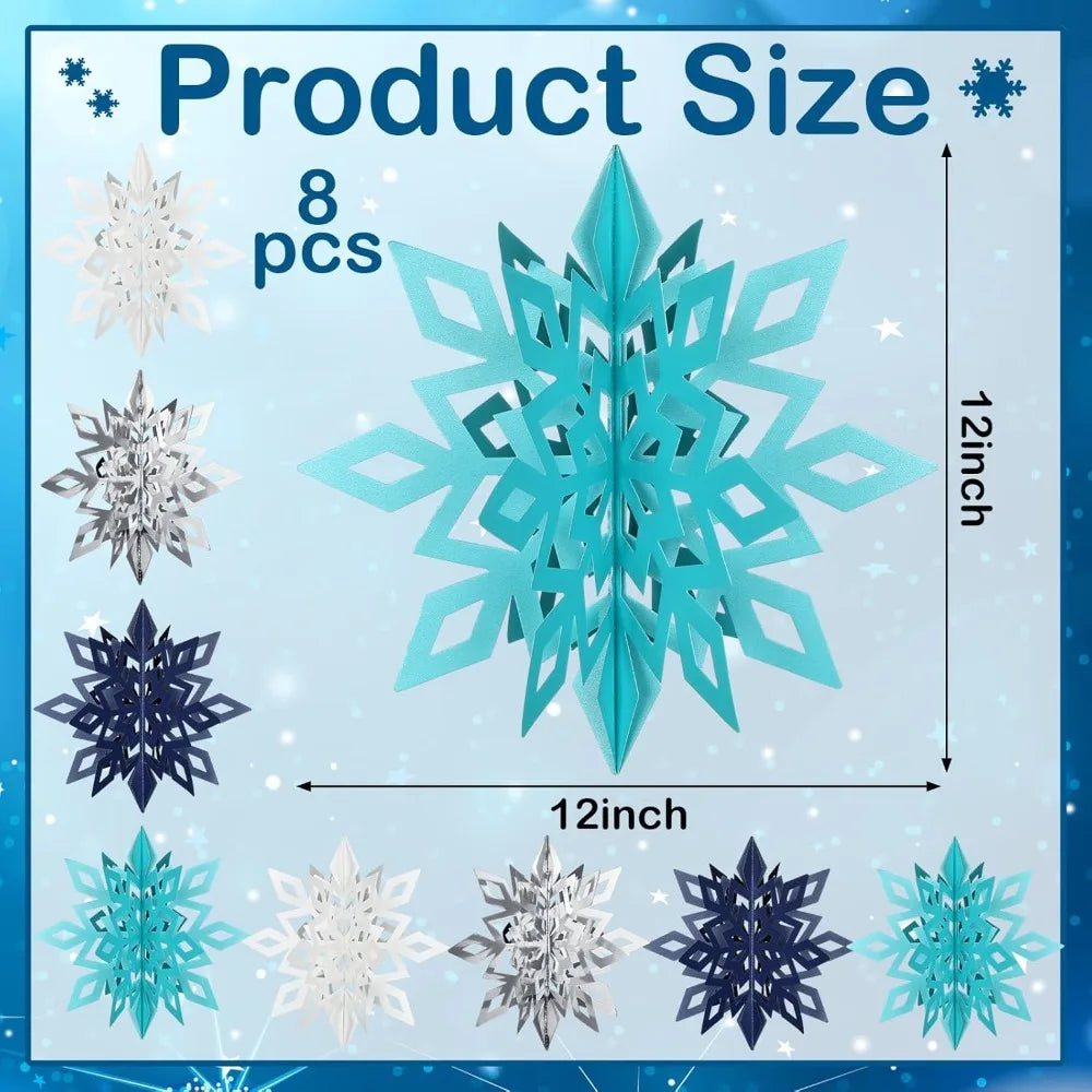 Winter Party Decorations: 8 Count 12&quot; Glittery 3D Paper Snowflake Ornaments – Large Hanging Snowflake Garland