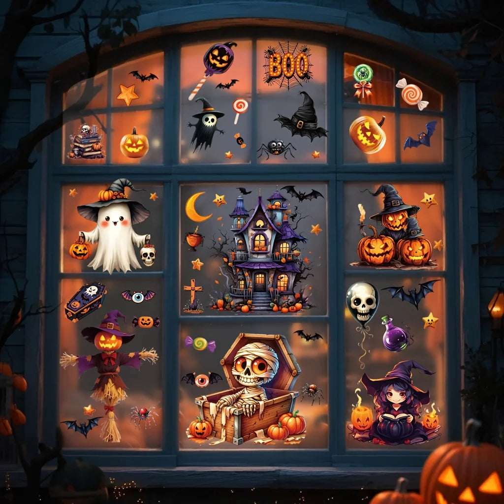 3D Halloween Window Clings with Castle, Bats & Pumpkins