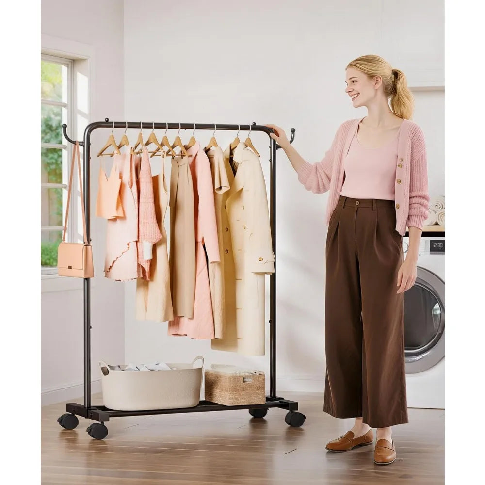 Rolling Clothes Rack with Hooks – Standing Garment Storage Hanging Rod Organizer