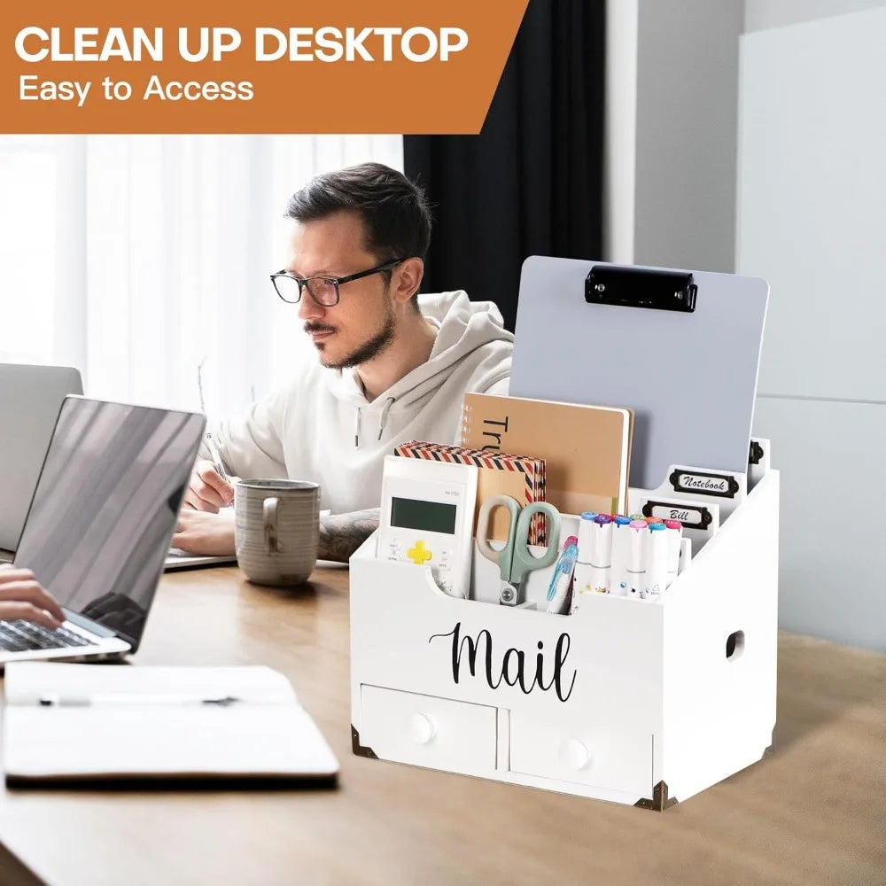 Wood Desktop Mail Organizer with 2 Drawers – 4 Compartment Desk Accessory Sorter for Home Office (White)