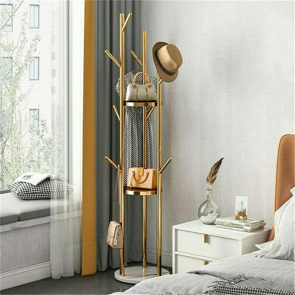 Tall Gold Metal Coat Rack Stand Heavy Duty Marble Base Clothes Hanger