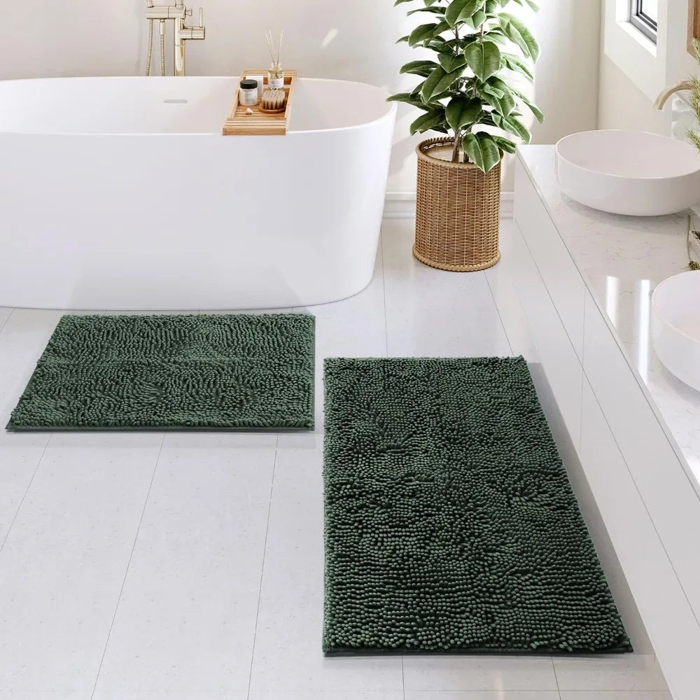 Chenille Bathroom Rugs Set 2-Piece (Hunter Green)