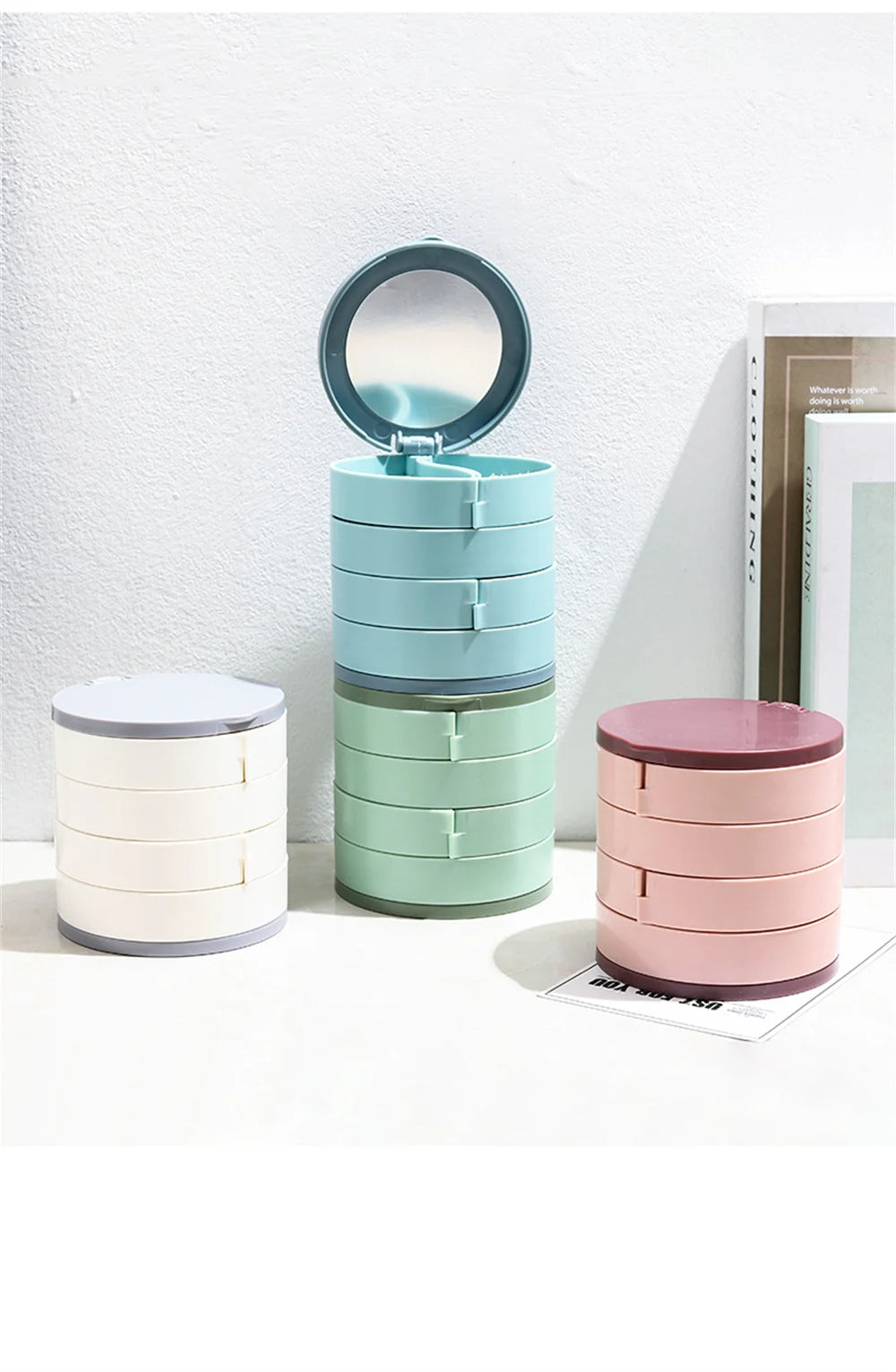 Rotating Jewelry Organizer with Dust-Proof Cover (White)