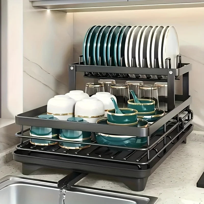 Extendable 2-Tier Dish Rack Organizer Large-Capacity Utensil Drainer (Black)