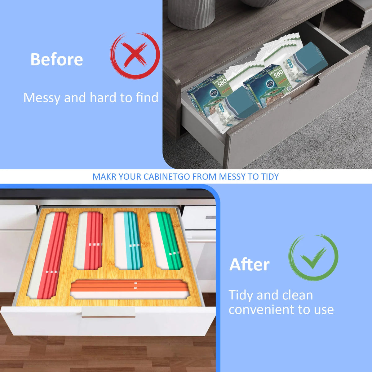 Bamboo Food Storage Bag Organizer for Kitchen Drawers