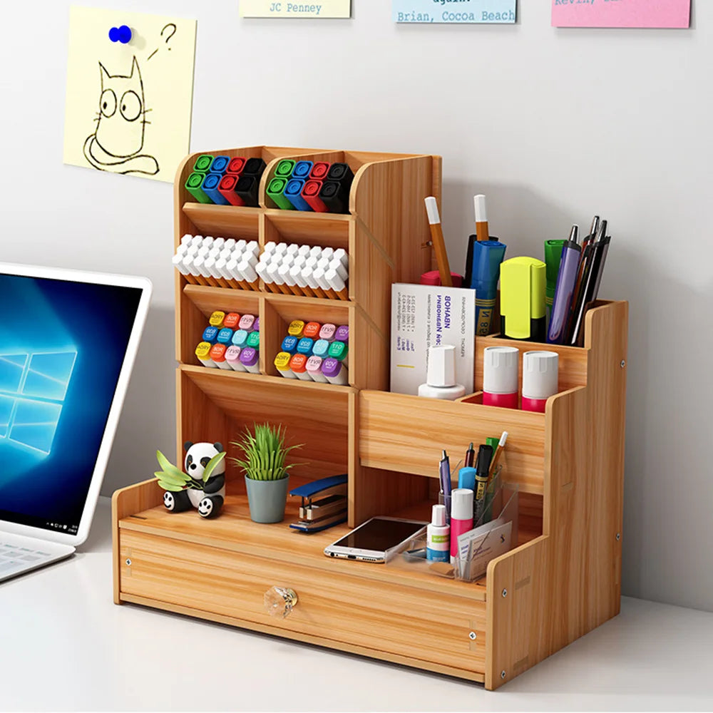 Wooden Desk Organizer with Drawer – Multi-Compartment Pen Holder and Stationery Storage Box for Office, Study Room &amp; Home