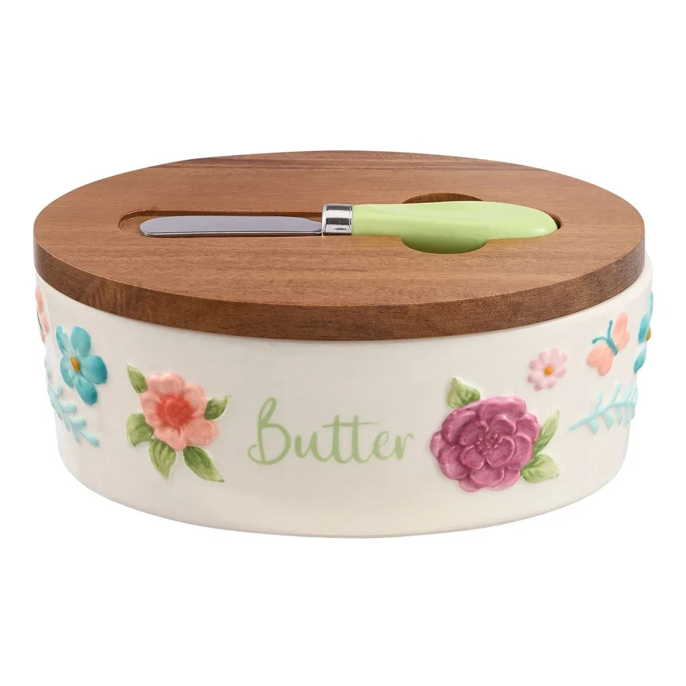 Handcrafted Painted Meadow Butter Dish Set