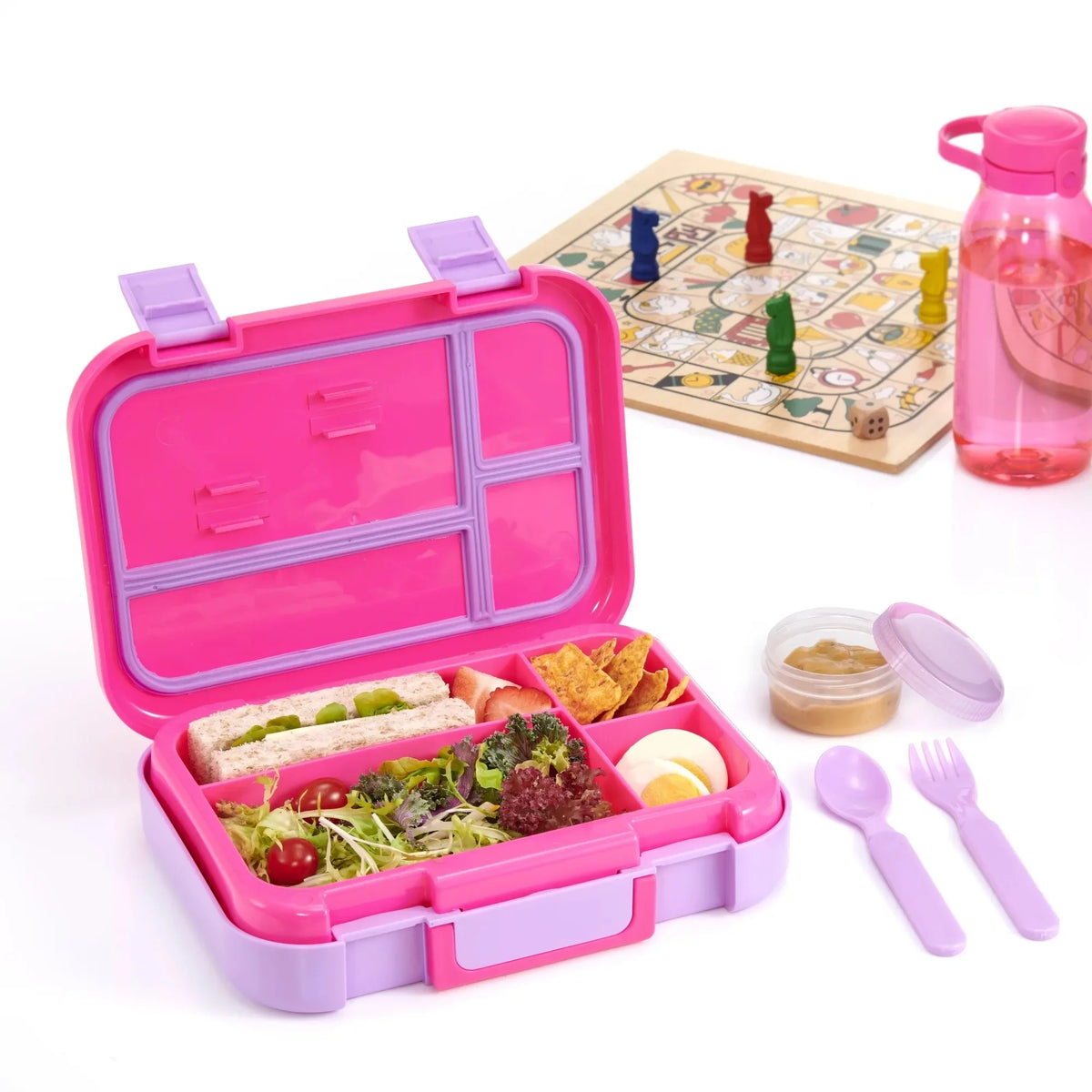 4-Compartment Lunch Container Set with Fork Spoon and Dressing Cup for Adults Kids