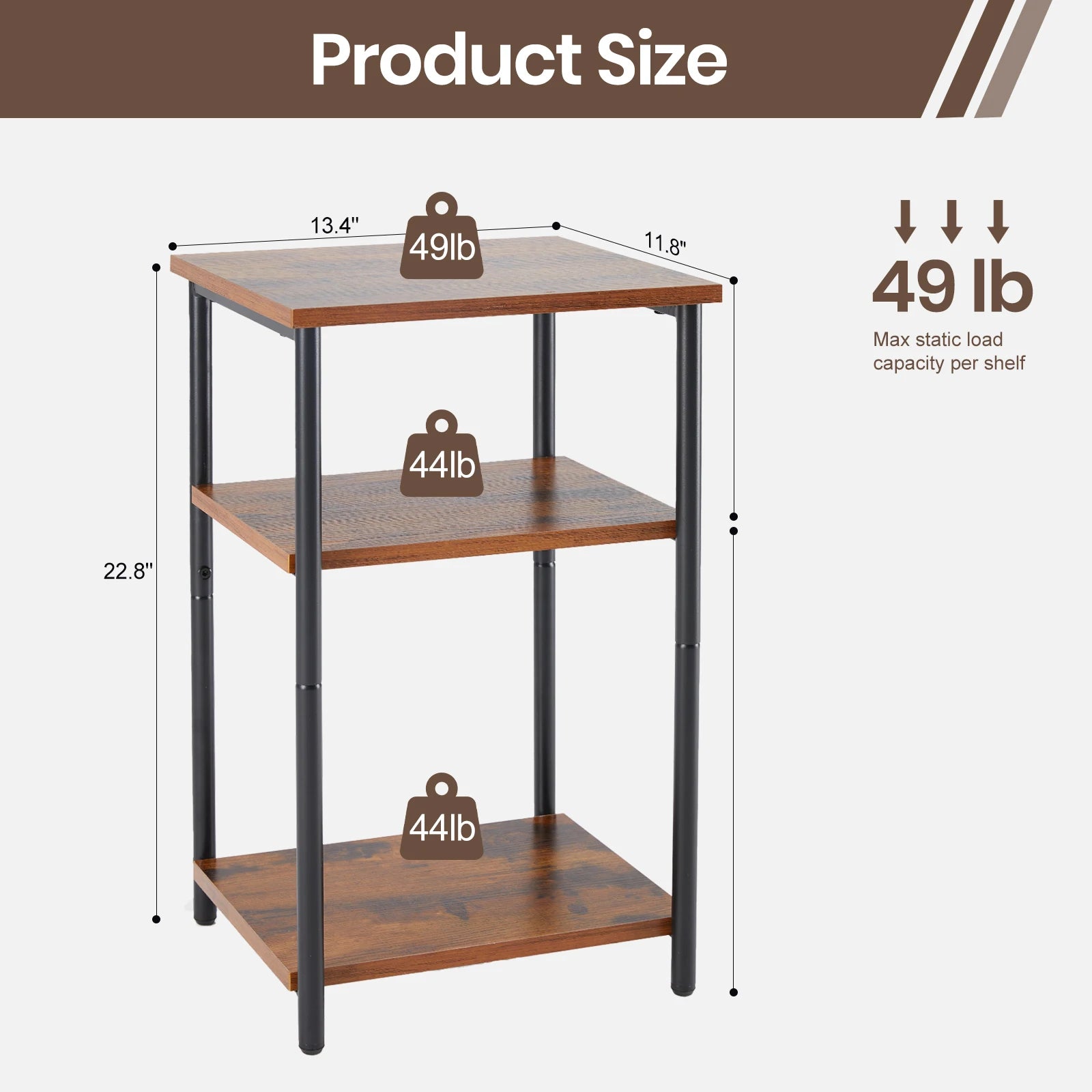 Modern 3-Shelf Side Table Heavy-Duty Steel Frame Nightstand