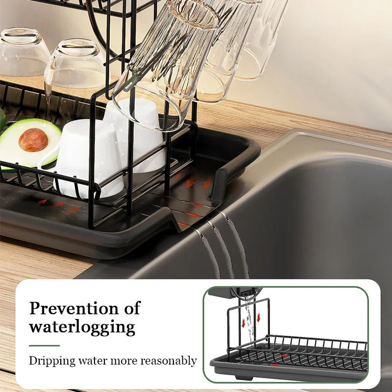 Double-Layer Dish Drainer with Utensil Holder for Kitchen Organization