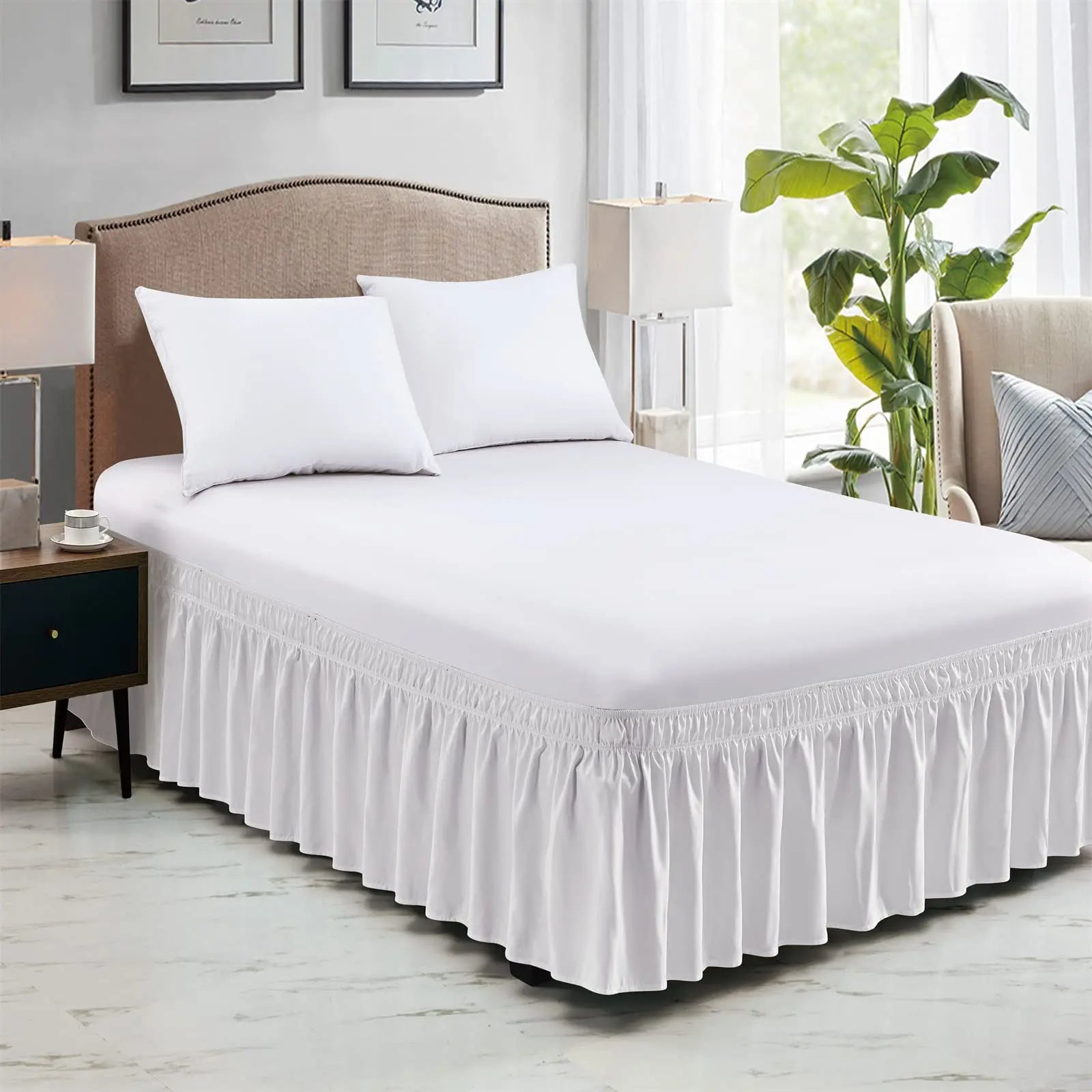 Elastic Bed Ruffles Bed Skirt Soft Comfortable Wrap Around Fade Resistant (Queen)