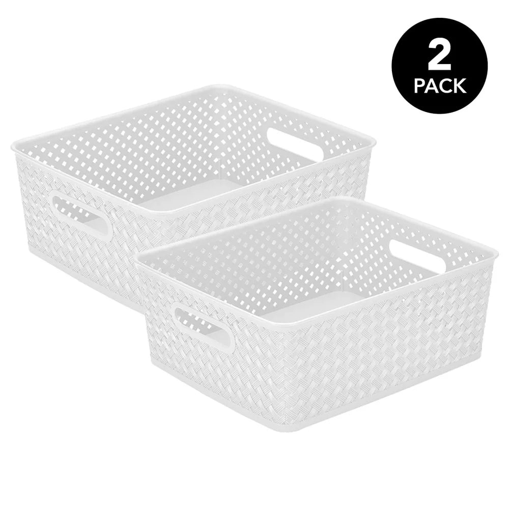 Durable Plastic Wicker Baskets 2-Pack for Home Office