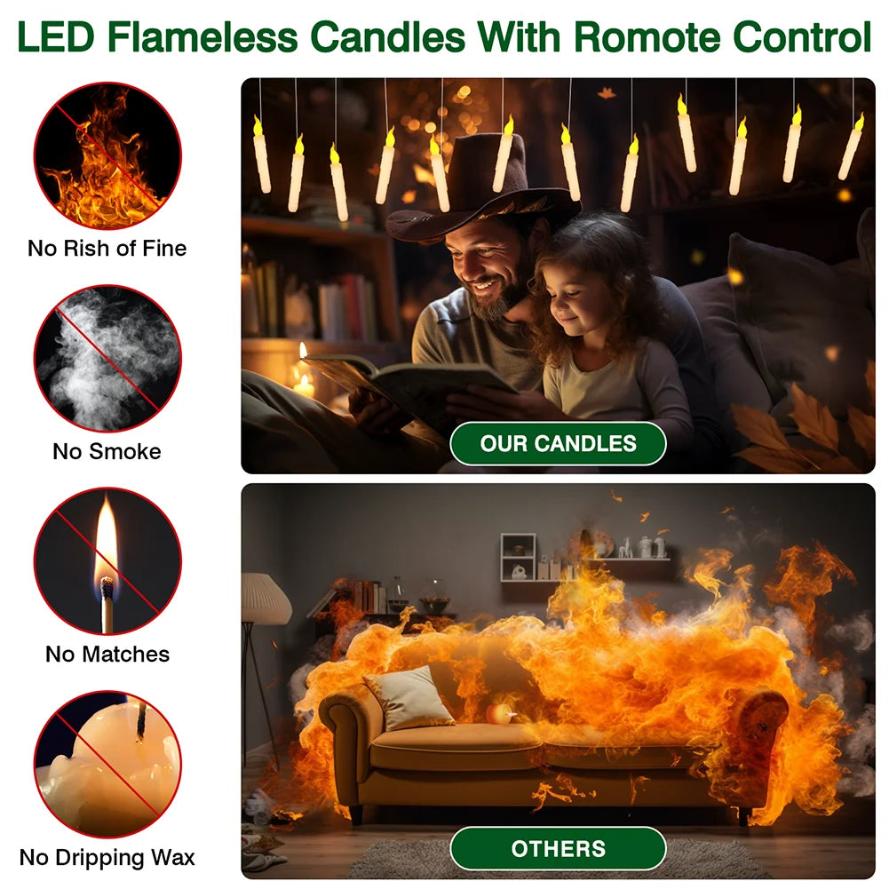 Halloween Floating LED Candles with Magic Wand – Flickering Flameless Taper Lights for Party &amp; Home Decor