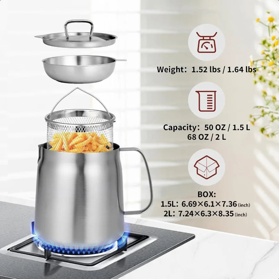 Frying Oil Pan with Basket Strainer and Bacon Grease Container for Kitchen Camp