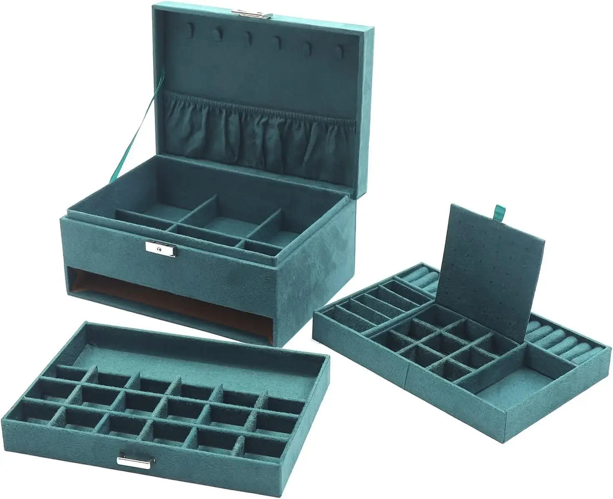 3-Layers Vintage Jewelry Organizer Box Large Capacity (Deep Green)