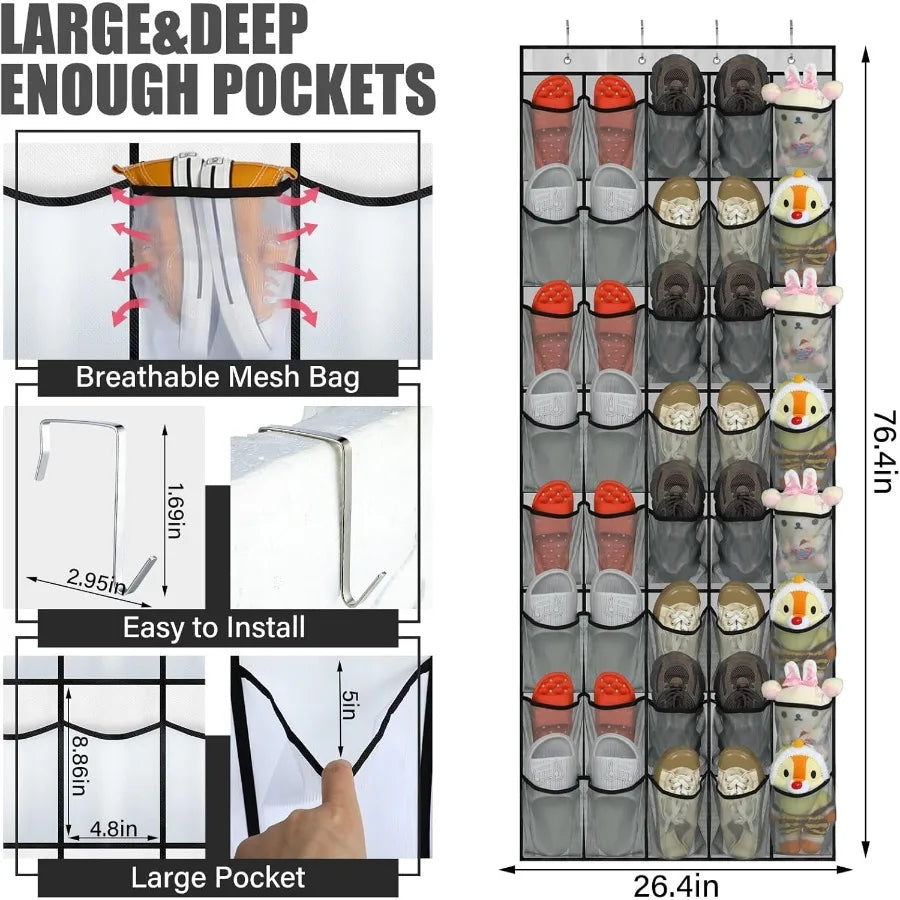 Large Mesh Hanging Shoe Rack for Closet Nonslip Behind Door Storage Holder (Gray)