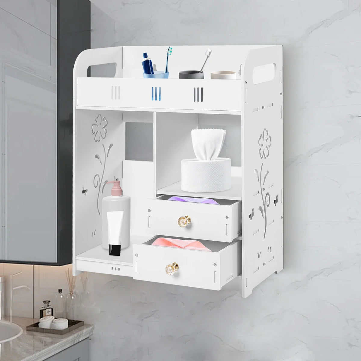 Wall-Mounted Bathroom Cabinet 2-Drawer Storage Shelf Organizer