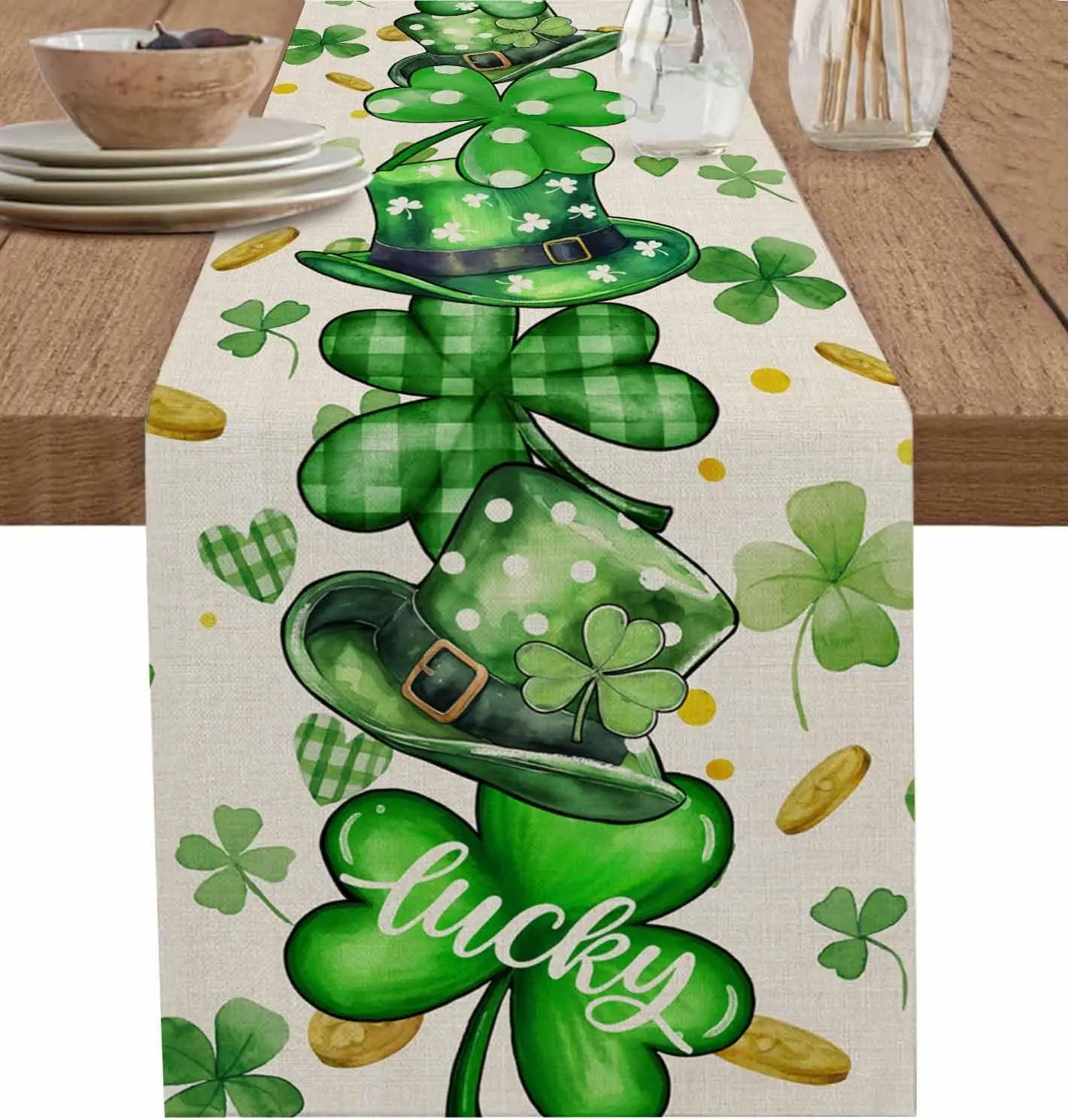 Spring St. Patrick's Day Clover Table Runner Lucky Hats Design