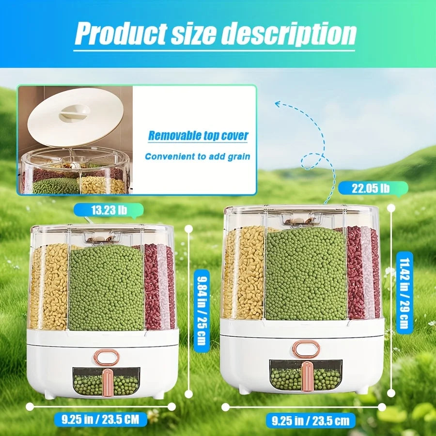 Large 6-Compartment Rotating Food Dispenser – 25Lb Capacity Grain Storage Box