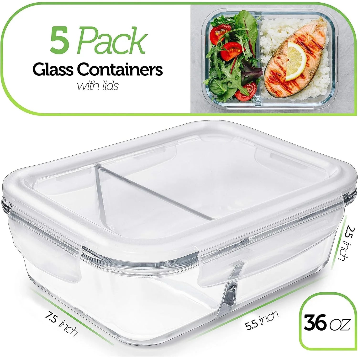 Durable Glass Food Storage Containers 5-Pack 36 Oz