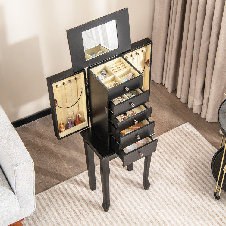 Standing Jewelry Storage Armoire with Mirror (Black)